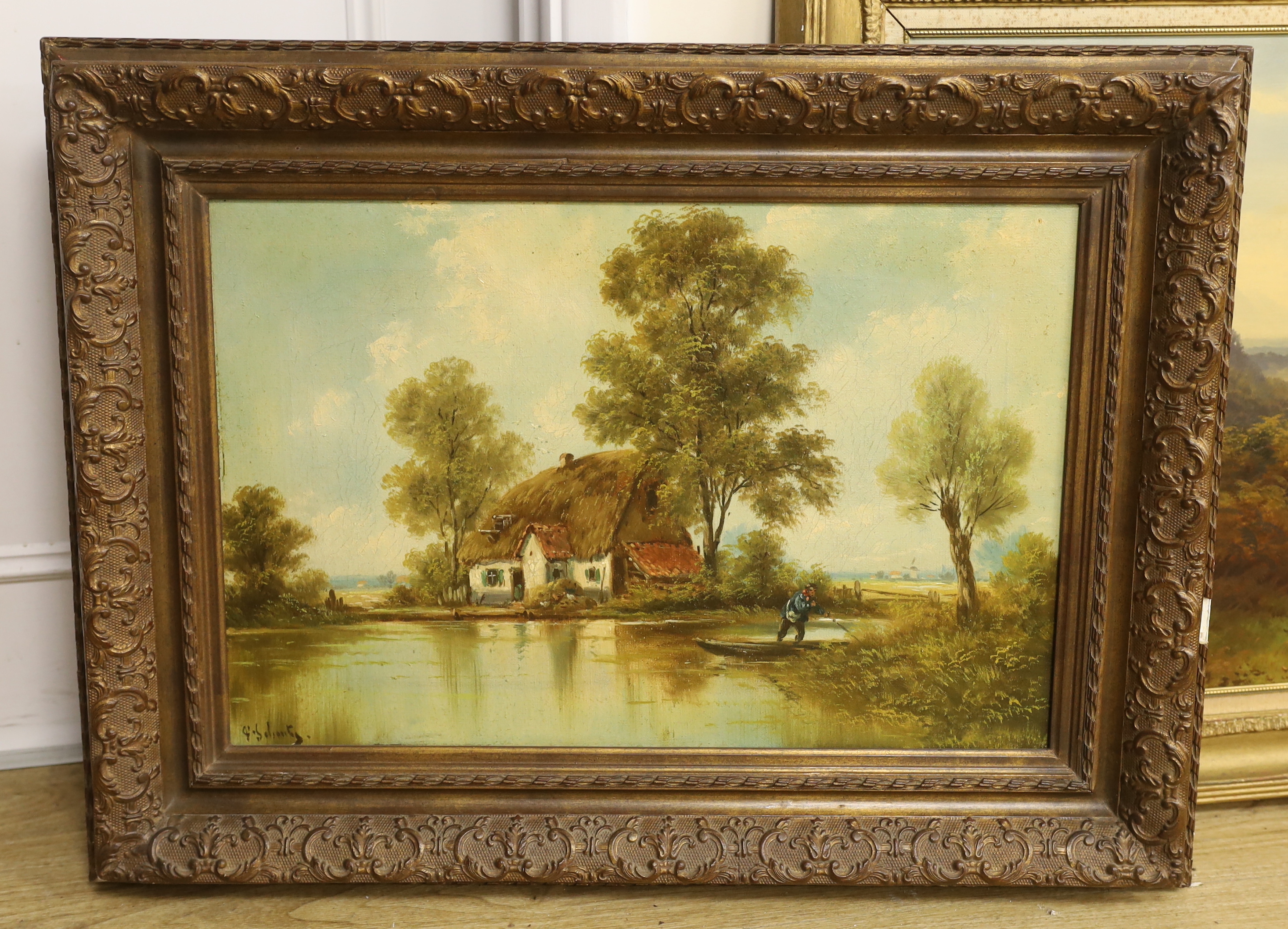 Gerrit Jan Schouten (Belgian, 1815-1878) oil on canvas, River landscape with thatched cottage, signed, 39 x 59cm